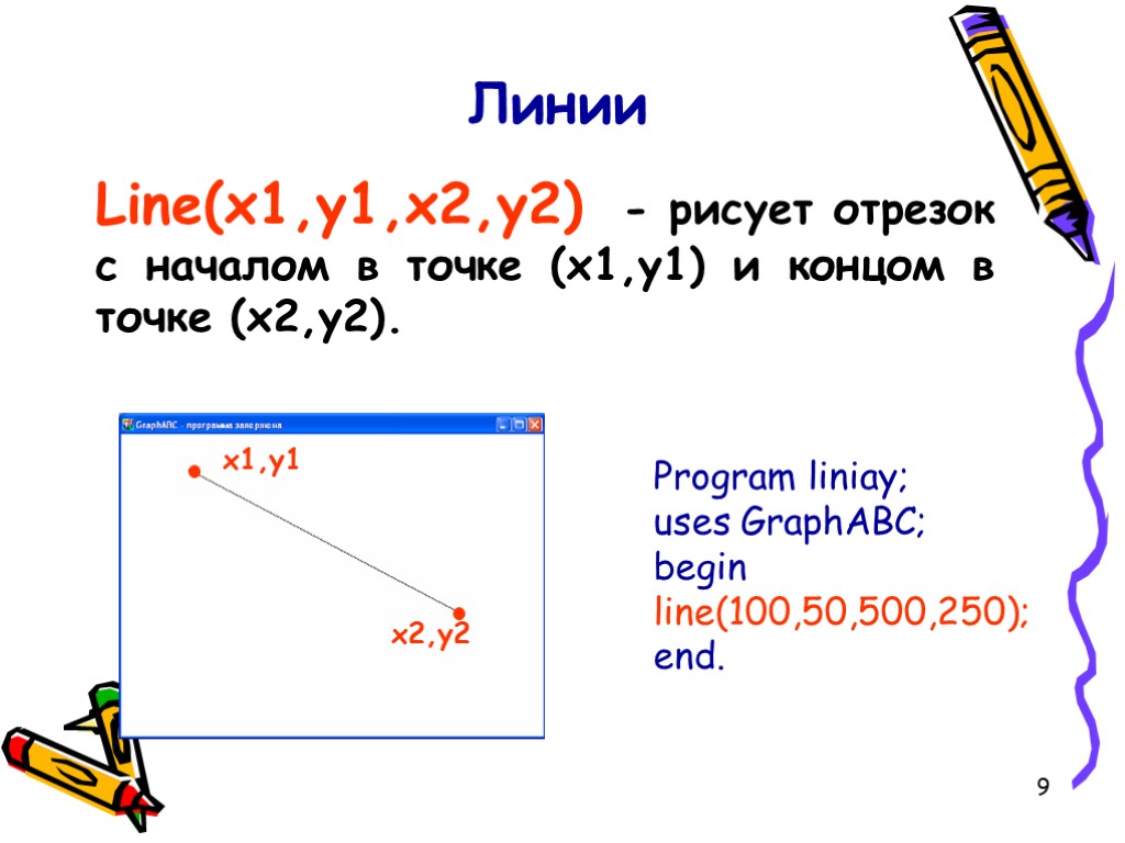 9 Линии Line(x1,y1,x2,y2) - рисует отрезок с началом в точке (x1,y1) и концом в